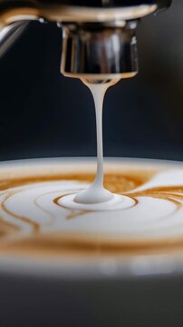 Vertical video: Starting metal spout releasing milk column onto ceramic cup, forming latte rings