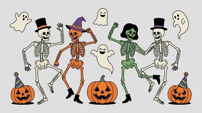 Cartoon skeletons and ghosts dancing around pumpkins for Halloween