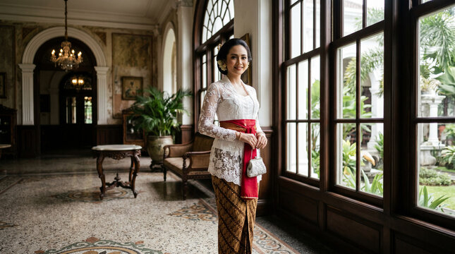 Elegant Indonesian Woman in Traditional Kebaya Attire Standing by Large Windows