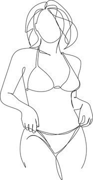 continuous line drawing of a woman in a bikini, abstract line art vector illustration of a female person in swimwear
