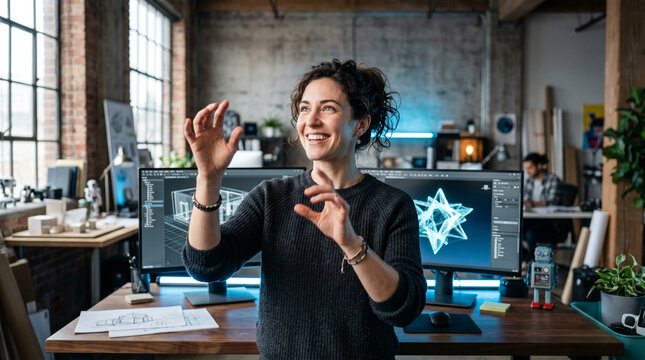Woman engineer interacting with holographic 3D model on computer screen in modern office