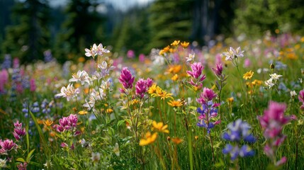 Obraz premium A vibrant meadow explodes with wildflowers, ranging in color from pinks and yellows to blues and whites, with trees in the background