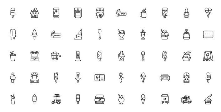 Ice Cream Shop icon set. Vector illustration of frozen treats. Featuring popsicle, shop, freezer, ice cream machine, stand, smoothie, dispenser, syrup, scoop, sorbet, milkshake, frozen yogurt, waffle 