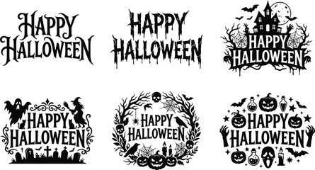 Set of six black and white happy halloween typography labels Vector, illustration © PICTURE GALLERY