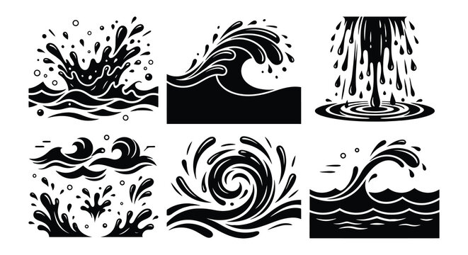 Water wave collection black vector illustrations on a white background