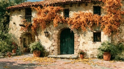 Fototapeta premium Old European Villa with Vibrant Autumn Foliage Watercolor