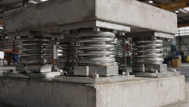 Medium shot of spring isolators supporting a large industrial foundation designed to minimize vibration in turbinegenerator systems with visible coil springs and mounting plates.
