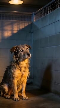 Vertical video: Sitting scruffy dog turning toward sound above metal rail in kennel, under lamp
