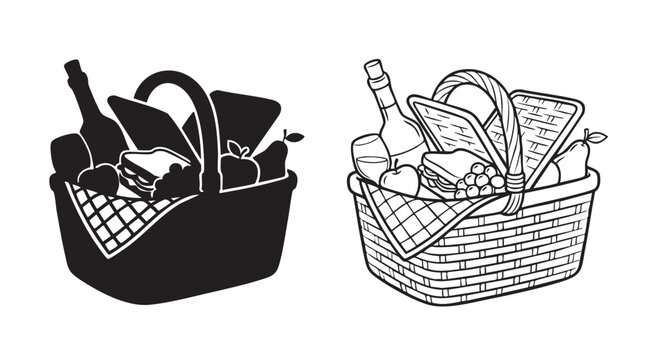 picnic basket with food and utensils in black and white featuring wine, bottle, glass