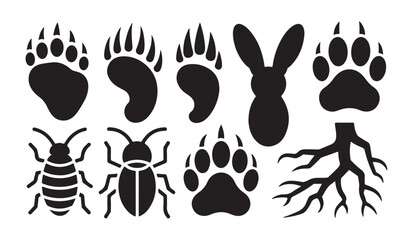 Variety of animal paw prints, insect icons, and a root system in black silhouette vectors. © Ripon