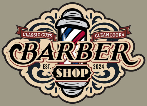 Vintage Barber Shop Logo Emblem With Classic Cuts And Clean Looks Ribbons And A Rotating Pole Isolated On Background.