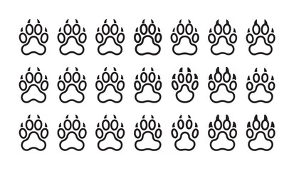 Fototapeta premium Minimalist paw print pattern set with outline wolf or dog tracks for pet related designs.