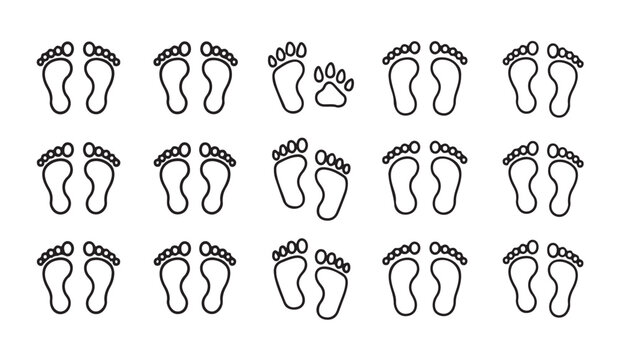 Human barefoot prints with one animal paw track outlier in grid layout outline vector art.
