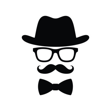 black hat with mustache, bow tie and glasses isolated on a grey background