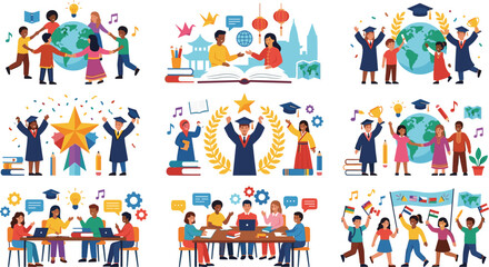 Fototapeta premium Global Education and Student Graduation Illustration Collection Featuring Cultural Diversity Academic Success International Learning and School Celebration Vector