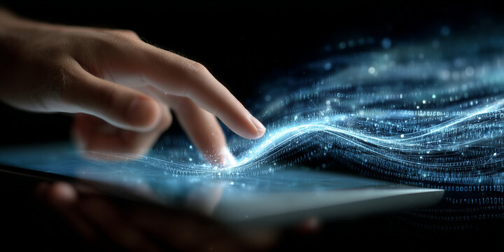  Human hand generating frequency waves from tablet surface in digital blue ambiance.
