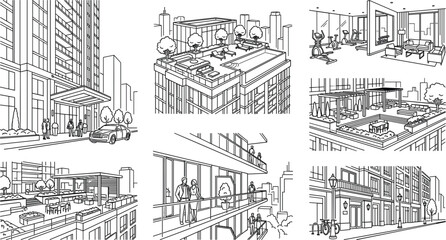 Fototapeta premium Modern Urban Residential Architecture Sketch Collection Featuring Luxury Apartment Buildings Rooftop Amenities Mixed Use Spaces and Line Art Vector