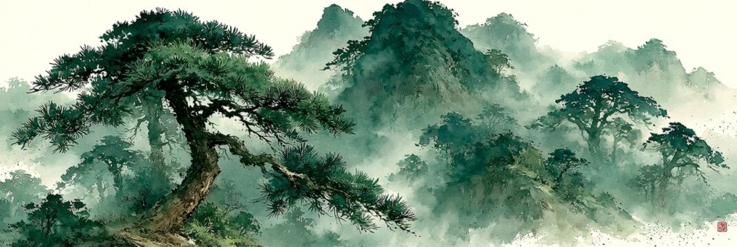 Misty Mountain Pine Tree Oriental Watercolor Painting