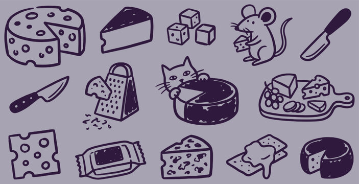 A whimsical collection of hand-drawn cheese illustrations, featuring a mouse, a cat, and various cheese types and accessories.