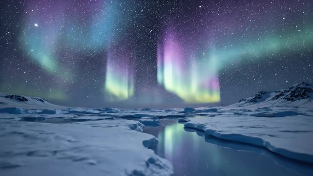 A vibrant aurora dances across a star-filled sky over an icy landscape