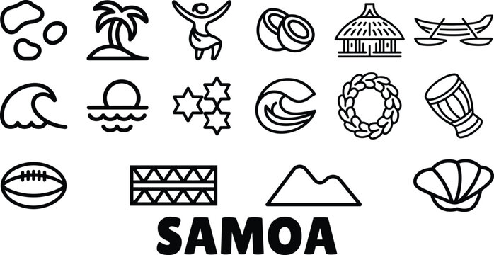 Samoa national heritage icons set featuring traditional culture, tropical nature symbols, pacific island emblems, and historical artifacts