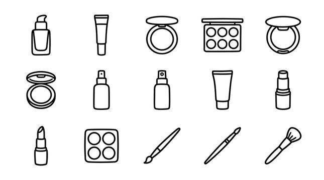 Cosmetic Product Icons: Makeup Tools, Foundation, Lipstick, Brushes, Palettes