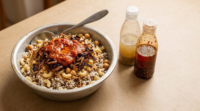 Egyptian Kushari in Aluminum Bowl With Chili and Garlic Sauce Glass Bottles on Warm Beige &mdash; Commercial Advertising Food Photography With Copy Space