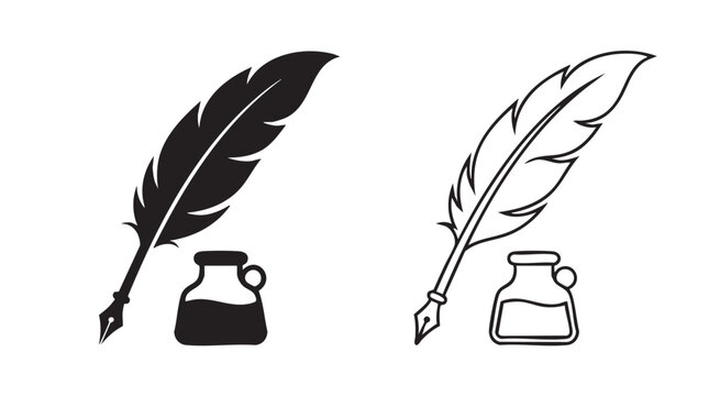 quill pen and inkwell silhouette with two feather quills and ink bottles