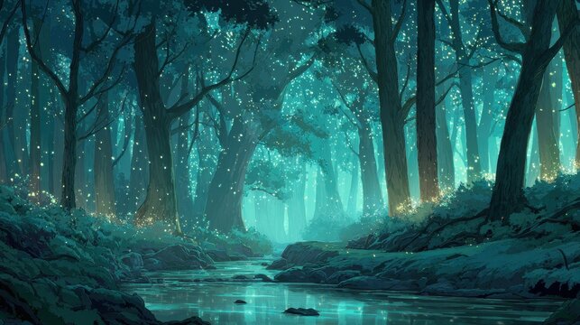 Nighttime forest illustration with moonlit glow and bioluminescent flora