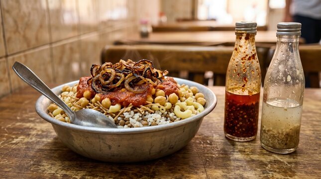 Authentic Egyptian Kushari in Worn Aluminum Bowl With Shatta and Daqqa Bottles on Rustic Wood &mdash; Premium Commercial Advertising Food Photography