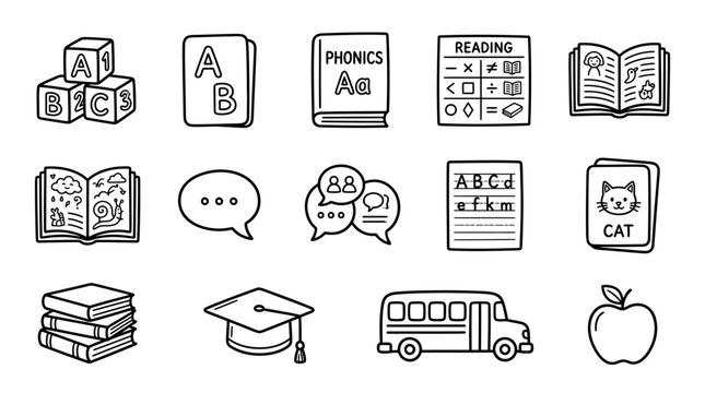 Education and Learning Icons: ABC Blocks, Books, Bus, Apple, Graduation Cap, Speech Bubbles