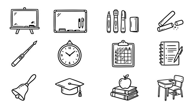 School Supplies Icons: Whiteboard, Chalkboard, Bell, Apple, Desk, Clock, Notebook