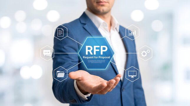 Businessman holding RFP, Request for Proposal, blue hexagon icon, corporate technology