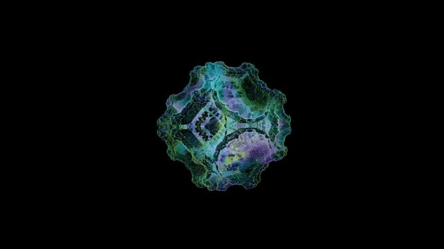 A symmetrical fractal mandala rotates against a black void in a horizontal 3D animation loop for psytrance festival projection screens