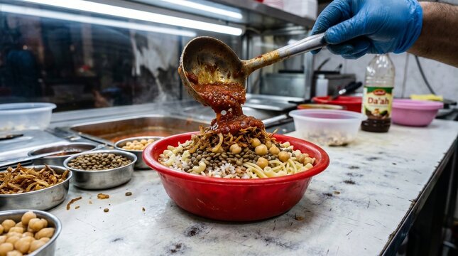 Authentic Egyptian Kushari Served in Red Bowl With Tomato Sauce Being Poured &mdash; Hyper-Realistic Documentary Street Food Photography