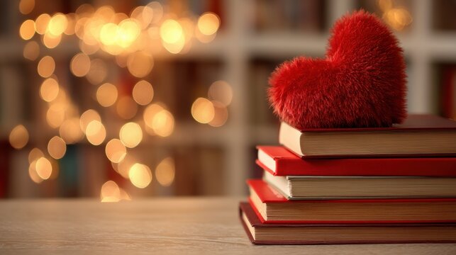 Fluffy red heart on a stack of books. Romantic literature concept with festive bokeh lights in background. Decoration for Valentine Day gift, library study or cozy home book reading.