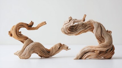 Obraz premium Two twisted pieces of driftwood on a white background. Natural wood sculpture for interior decoration and art display. Minimalist organic shape and rustic texture for home design.