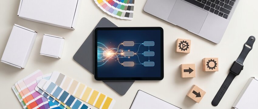 Professional Creative Design Workspace Featuring Digital Workflow Diagram and Brand Development Tools for Modern Business Projects