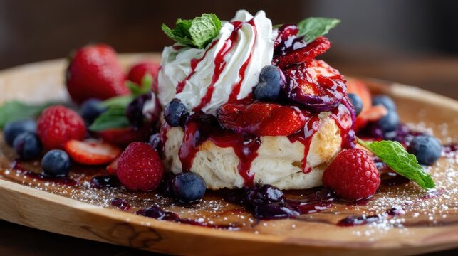 Stack of fluffy pancakes topped with whipped cream, fresh strawberry, blueberry and raspberry. Sweet berry syrup drizzled over breakfast dessert on wooden plate. Tasty food photography.