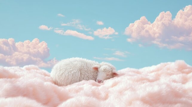 Fluffy lamb sleeping on soft pink cloud in sky. Surreal dream landscape with cute animal resting in heaven. Concept of peace, relaxation, tenderness and calm sleep for children bedroom.