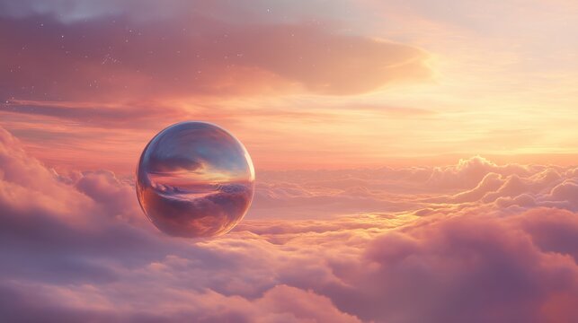 Glass sphere floating above clouds at golden sunset. Abstract surreal landscape with refractive orb. Concept of infinite sky, peace, serenity and dreamlike atmosphere in nature.