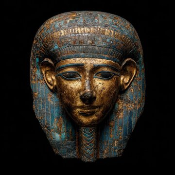 Ornate ceremonial mask from ancient Egypt, golden surface and inlaid stones, isolated on dark stage