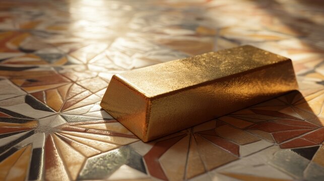 Shiny gold bar resting on a decorated mosaic tile floor. Precious metal ingot as a symbol of wealth, investment, capital, and financial success. Luxury commerce concept.