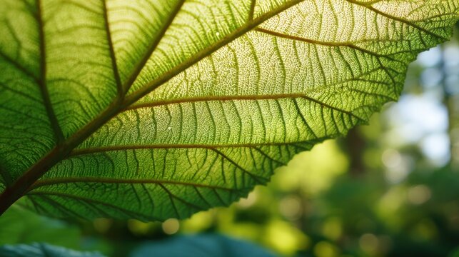 Green leaf with backlight showing vein texture. Macro shot of plant leaf displaying natural patterns and light transparency. Concept of nature, environment and biology in sunlight.