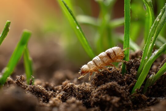 Outdoor lawn care concept: white grub in soil with grass, macro close-up for turf health and pest control education