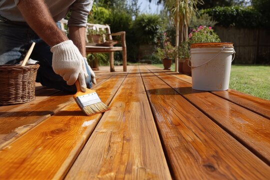 Outdoor hardwood deck staining in progress with oil brush on sunlit terrace