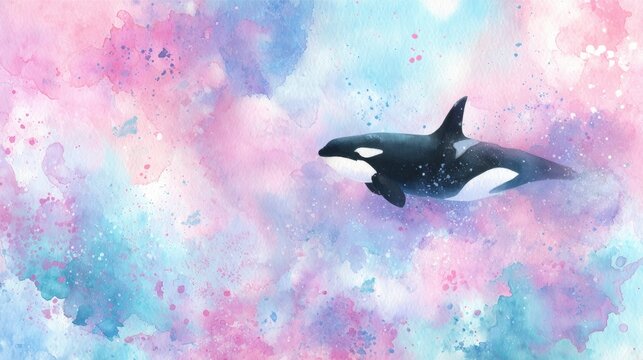 Orca swimming in abstract pink and blue watercolor background. Artistic illustration of killer whale in pastel dreamlike environment. Marine life fantasy art for creative design project.