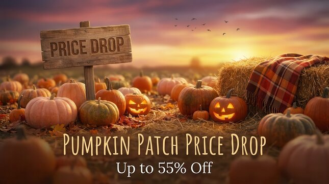 Pumpkin patch sale with price drop sign at sunset. Autumn harvest discount event offering up to 35 percent off seasonal produce and decorations.