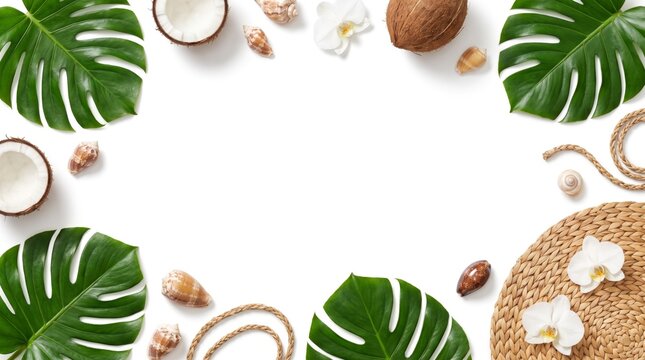 Tropical summer flat lay with monstera leaves coconuts and seashells on white background for vacation concept or beach theme background frame design