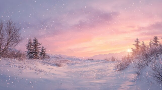 Snowy winter landscape with pine tree under sunset sky. Peaceful nature scenery during snowfall. Cold season weather in forest with mountains. Beautiful holiday evening background view.